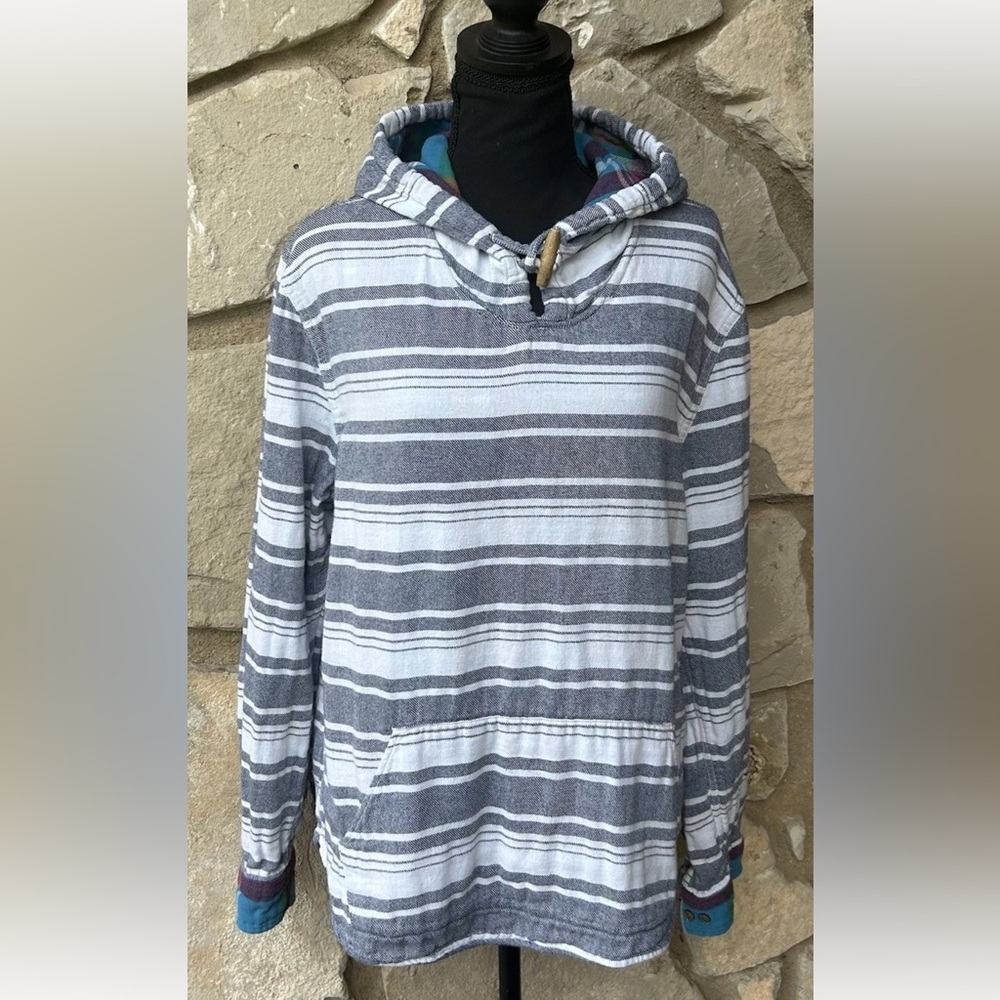 JACHS SWEATER HOODED Pullover Womens Size Medium Gray Cream‎ Striped Flip Cuff